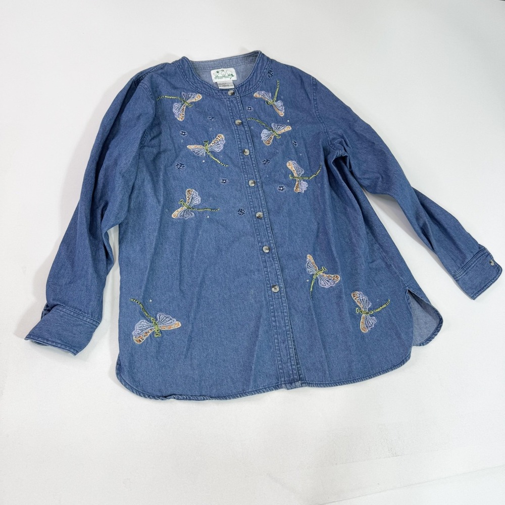 Quacker Factory Shirt Womens Medium Embroidered Dragonfly Denim Button Up Top